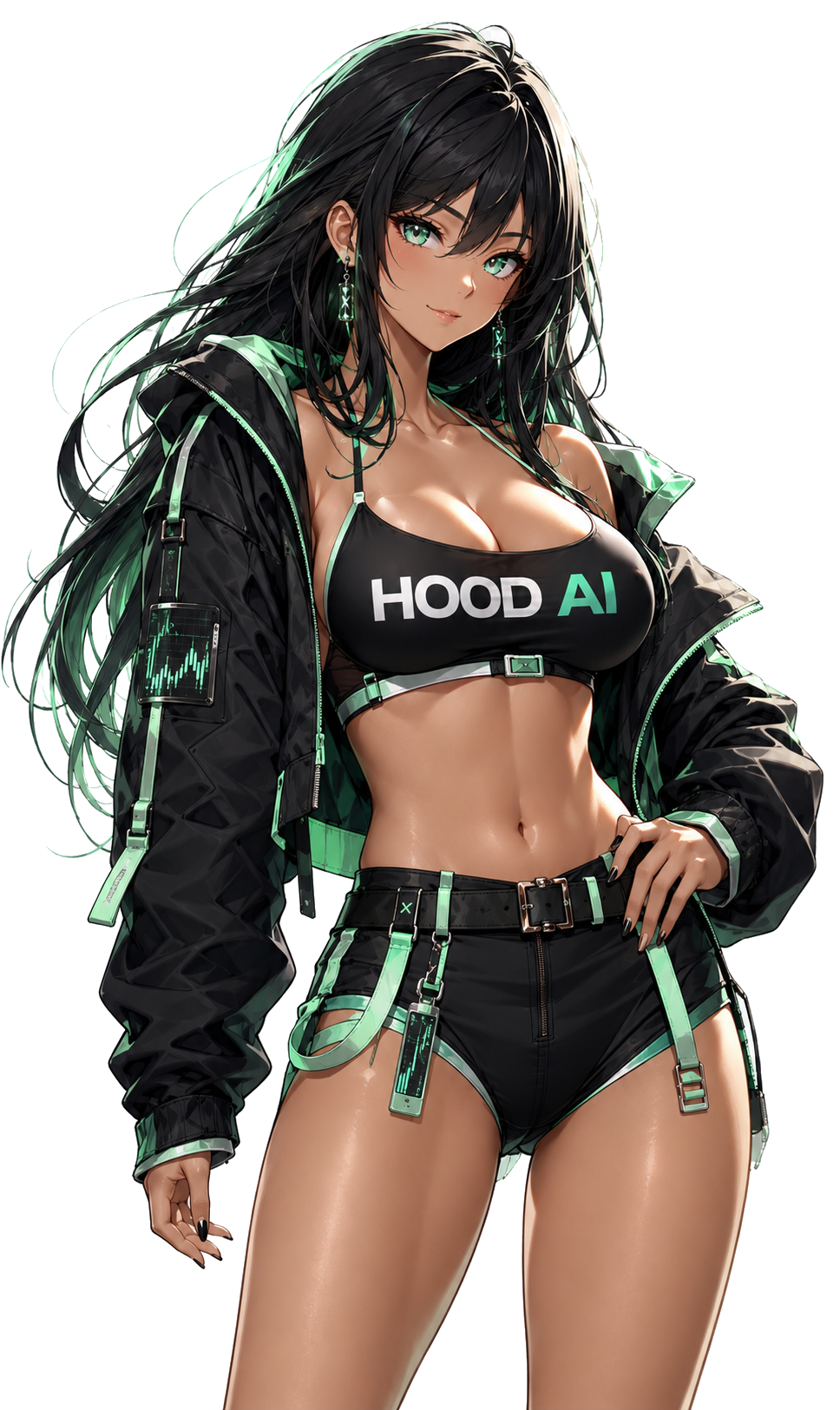HOOD AI character mascot in black and mint tactical apparel